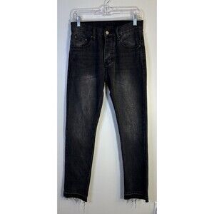 MNML Mens Raw Hem Black Skinny Jeans 28x31 Button Fly Faded Denim Grunge Moto
